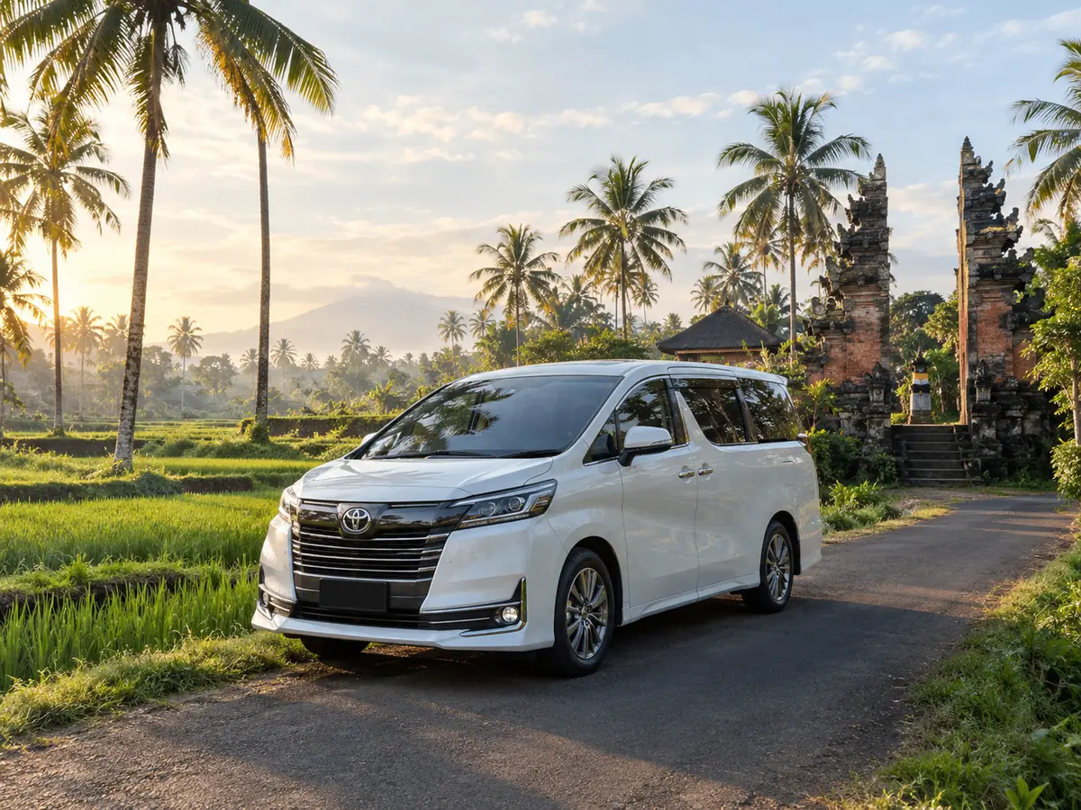 Un minibus privé blanc garé sur un chemin entre des rizières et un portail de temple balinais