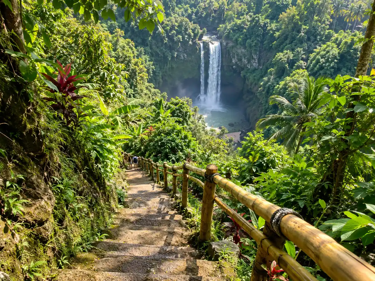 Un sentier de jungle avec une rampe en bambou qui descend vers une cascade à Bali