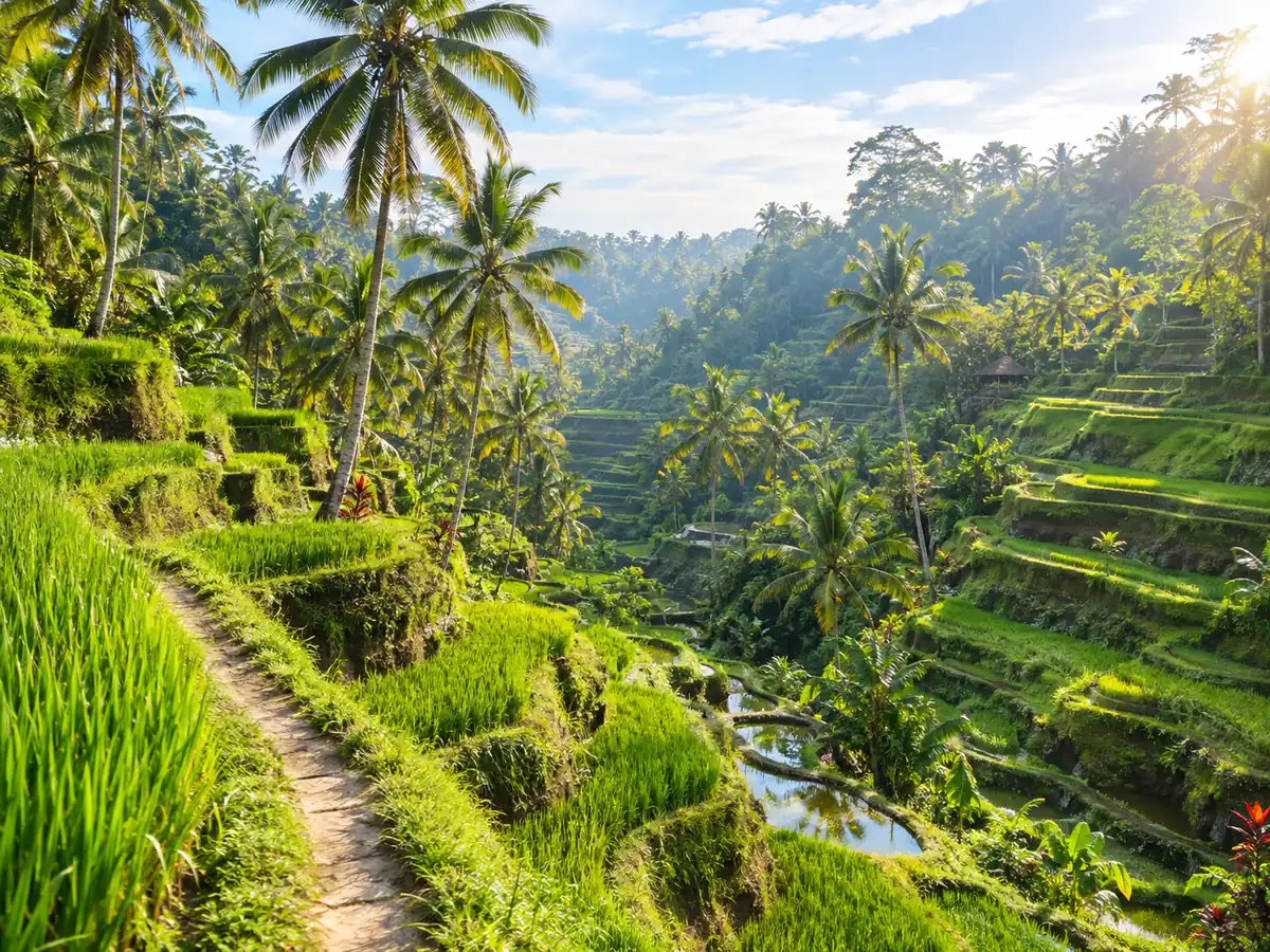 A path along green rice terraces in the Ubud hills