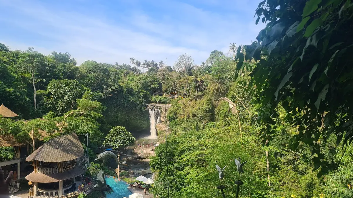 A deep green river gorge with a thatched hut on the edge