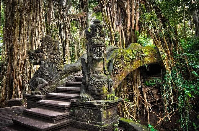 Temple stairs and moss-covered statues in the Monkey Forest